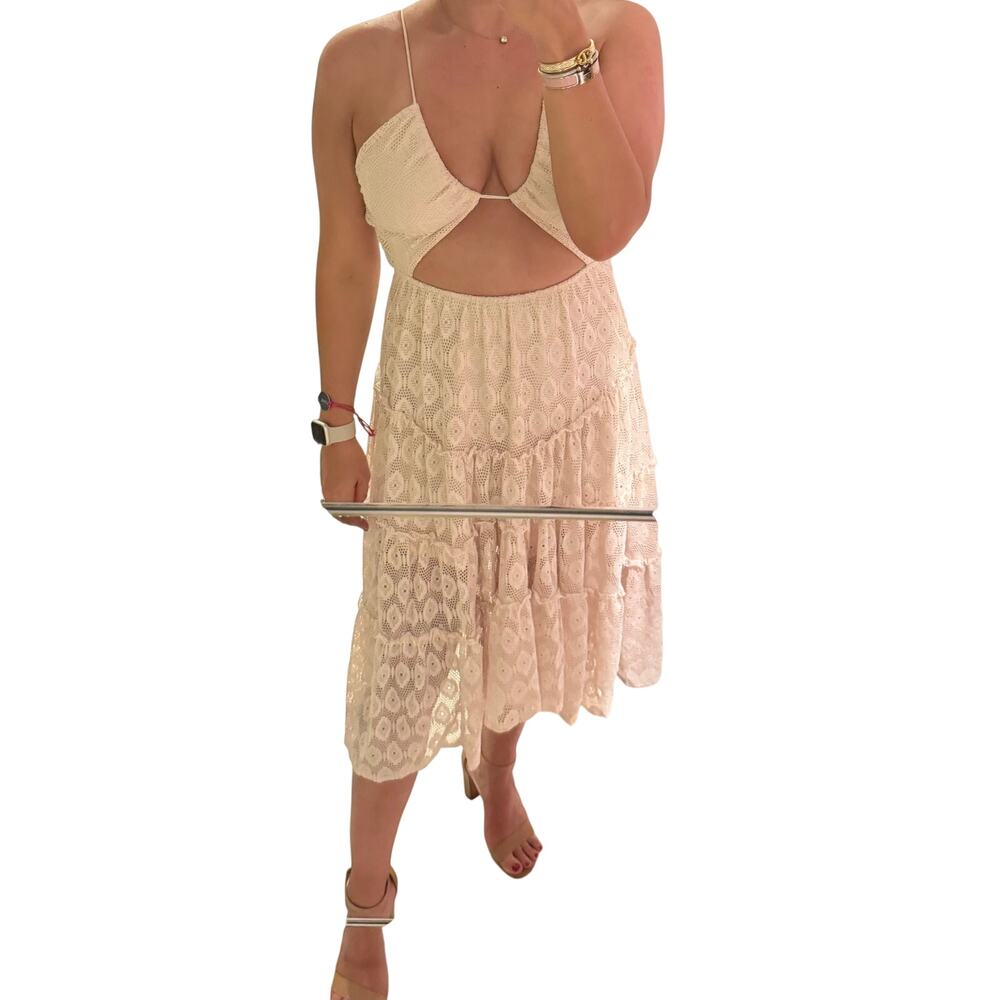 Indikah Womens Sexy Cream Lace Cut Out Tiered Midi Dress Flowy Size XS/Small